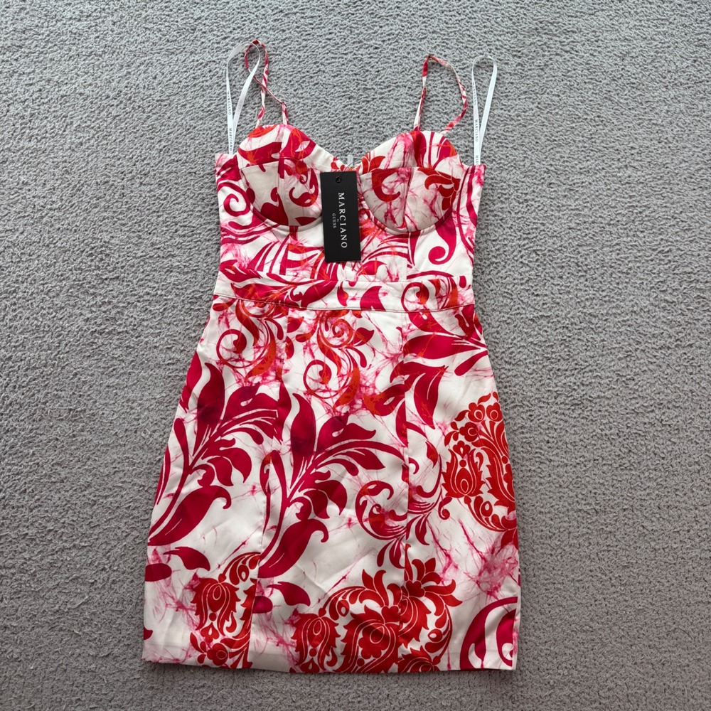 Marciano by Guess Batik Scroll Pencil Dress Red White Bustier Size 0 NWT